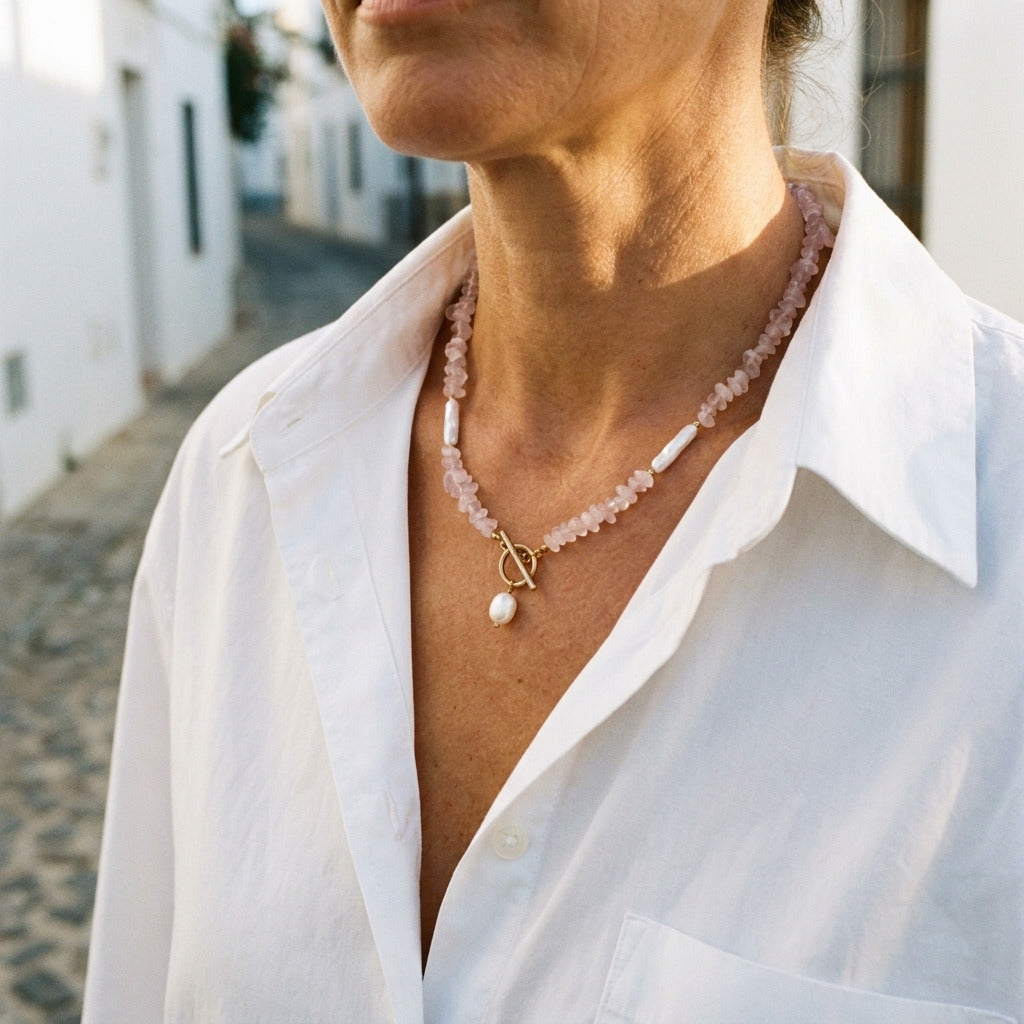 Pink Cloud Stone Pearl Necklace