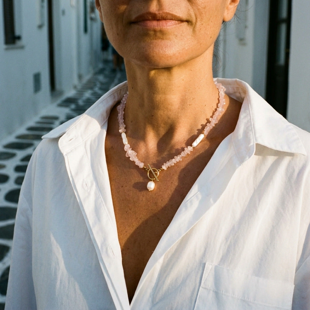 Pink Cloud Stone Pearl Necklace