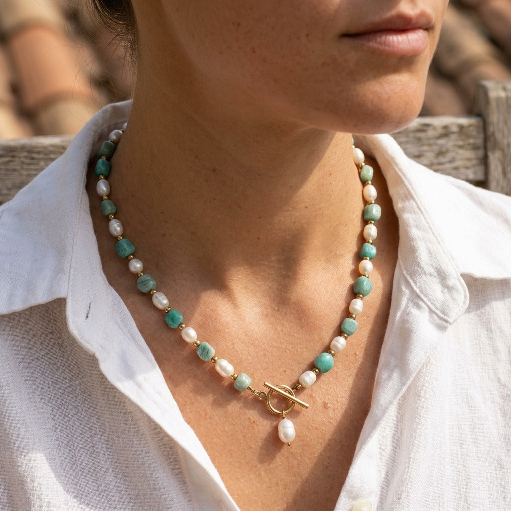 Turquoise Mint Bead Pearl Necklace
