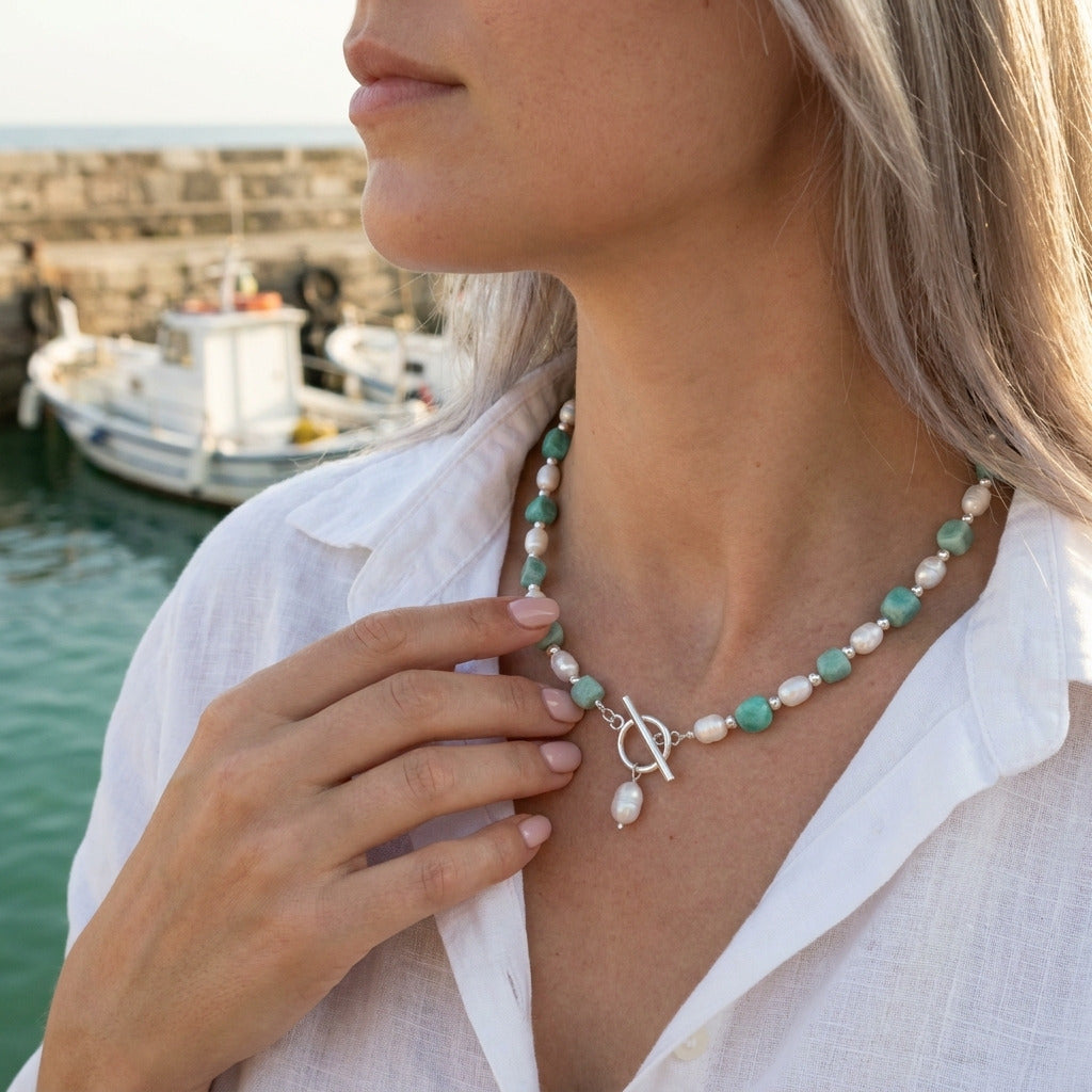 Turquoise Mint Bead Pearl Necklace