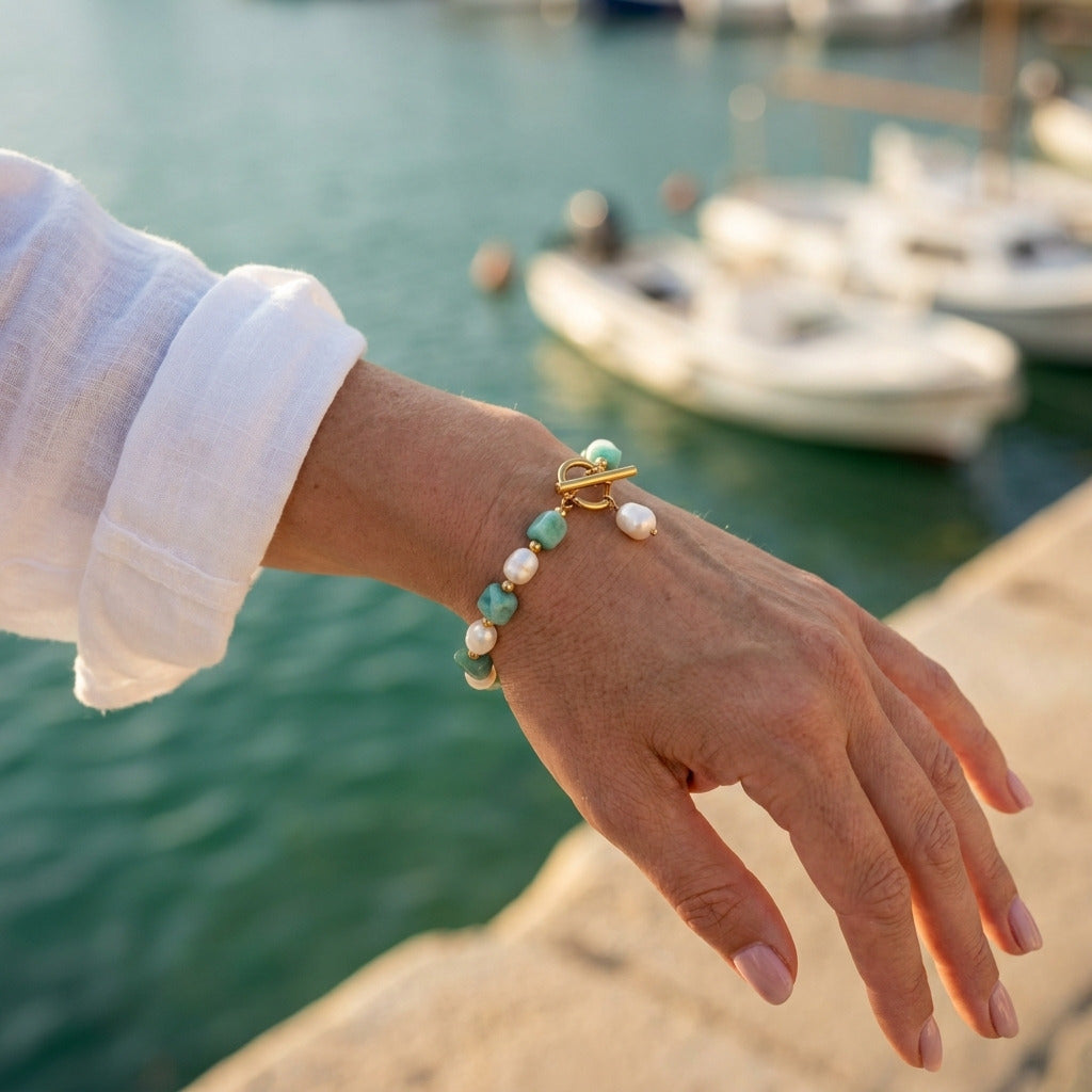 Turquoise Mint Bead Pearl Bracelet