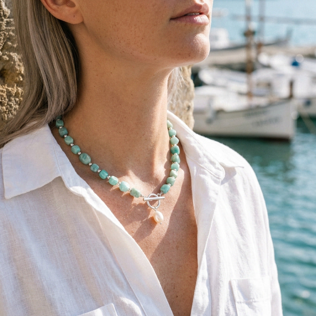 Amazonite Stone Pearl Necklace
