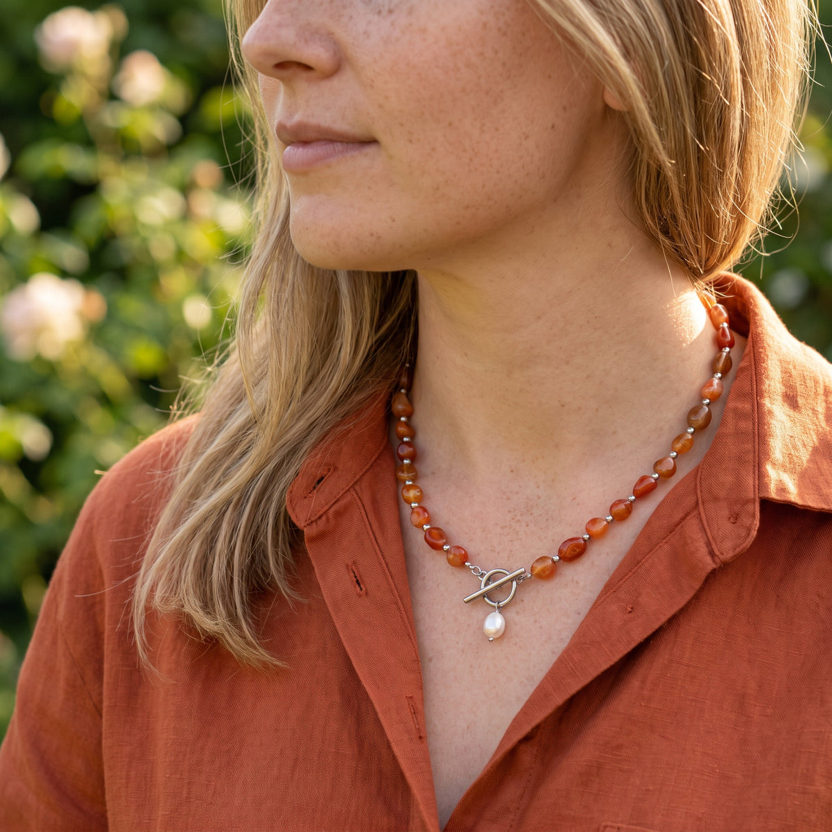 Banded Carnelian Pearl Necklace