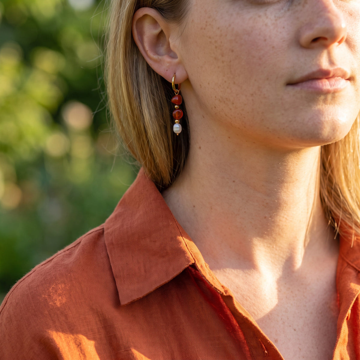 Banded Carnelian Pearl Earrings